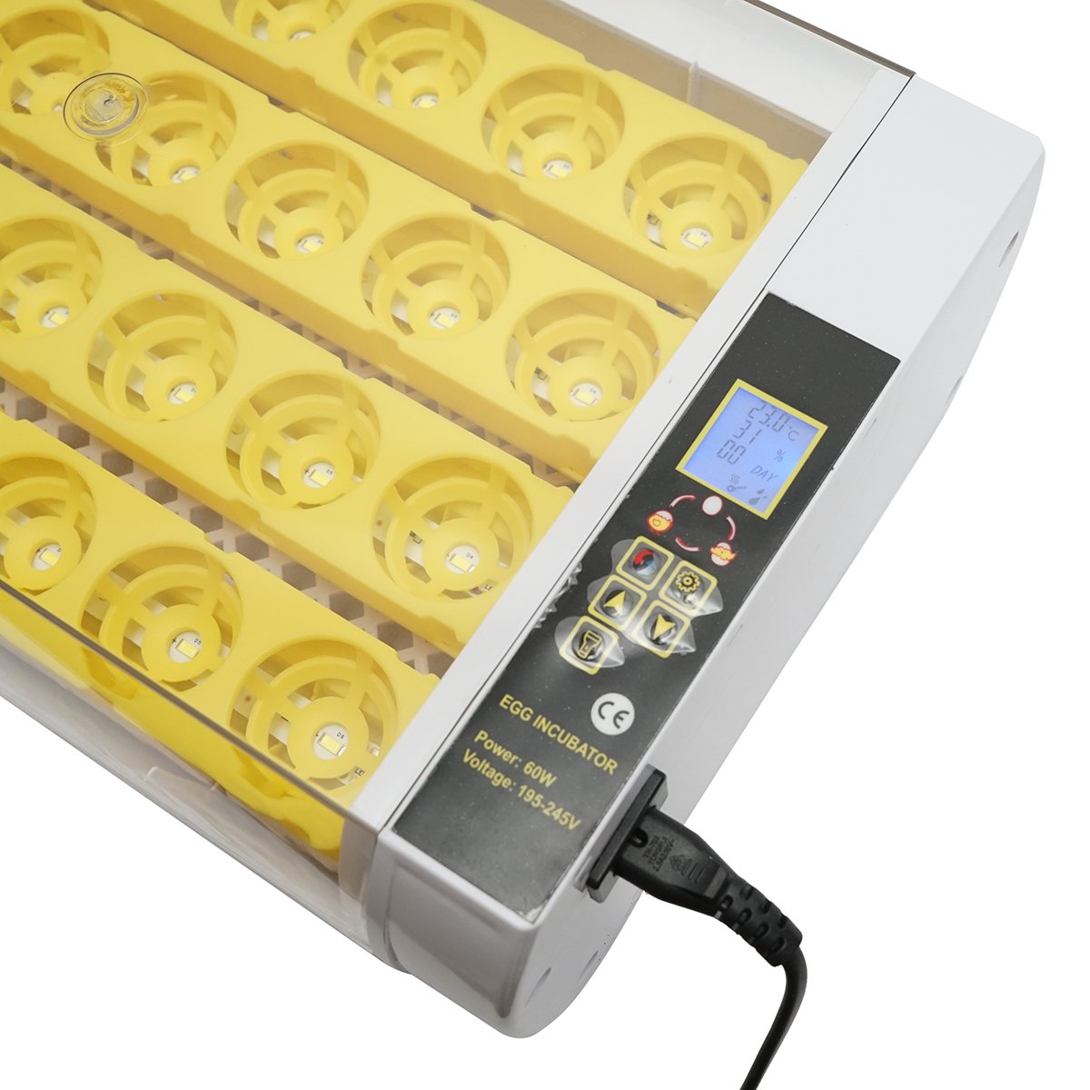 Incubator automat 24 oua 60W, 220V, rotire automata, control temperatura, umiditate, afisaj electronic, tava iluminata LED